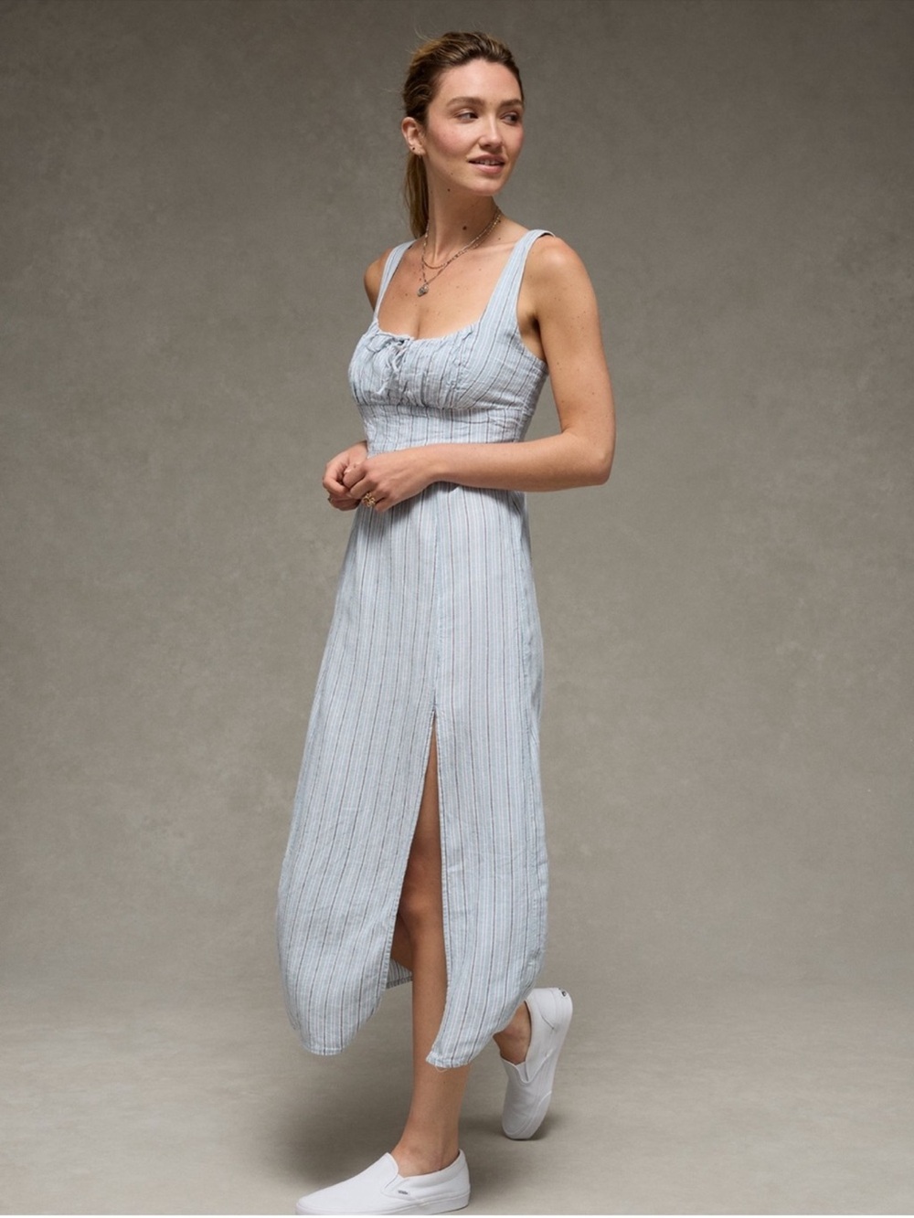 American Eagle Outfitters Catie Corset Column Midi Dress with Side Slit